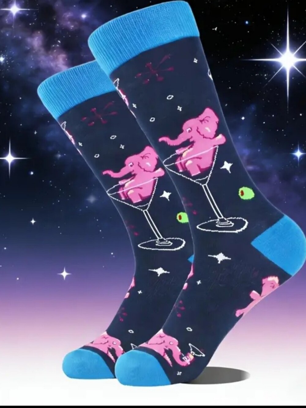 Pink Elephant Socks Cocktails Mid-Calf Fun Unisex. OS